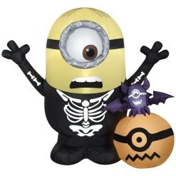 Gemmy Air-Blown Minion Skeleton with Pumpkin Scene Inflatable, Self-Inflates, G-225046