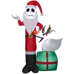 New! Gemmy Airblown Inflatable Jack Skellington as Santa and Zero Wearing Antlers, G-117716